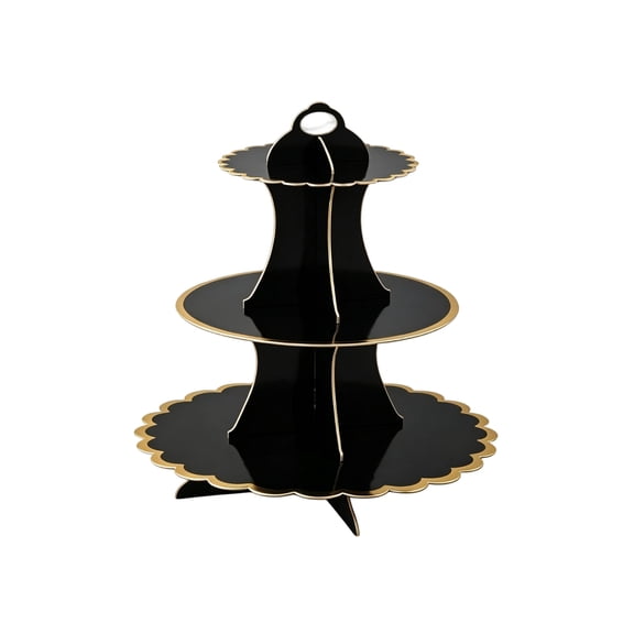 3 Tier Halloween Paper Dessert Stand, Disposable Cardboard Cupcake Tower for Party Table Decor, Gold Foil Edge Black Cake Stand for Holiday Celebration