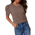 thumbnail image 2 of Wiholl Short Puff Sleeve Sweaters for Women Knit Tops 2026 Trendy Crewneck Striped T Shirts Casual Summer Blouses Brown Tshirts for Women, 2 of 8