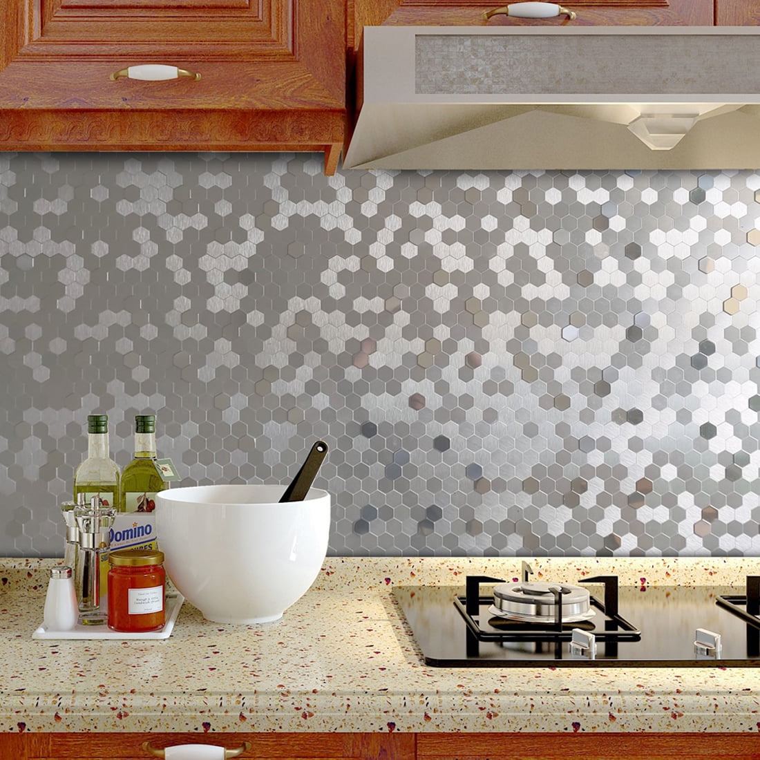Acopelo Peel and Stick 3D Hexagon Mosaic Silver Metal Tile for Backsplash - 6 Tiles