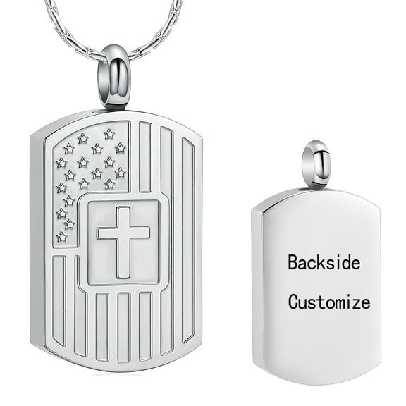 Personalize Stainless Steel Cross Print American Flag Tag Urn Pendant Cremation Jewelry for Ashes Holder Memorial Jewelry Memory Necklace