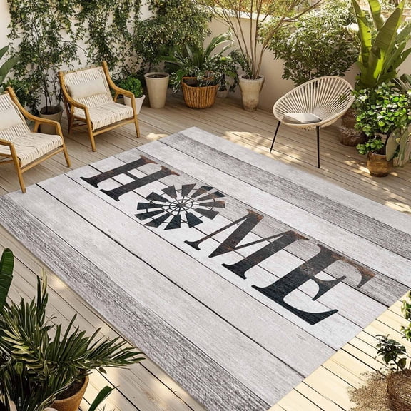 4' x 6' Outdoor Rug, Farmhouse Home Outdoor Washable Rug Large Floor Carpet, Rustic Black Windmill Retro Wooden Non Shedding Area Rug for Outside Patio RV Porch Deck Balcony Camping Living Room
