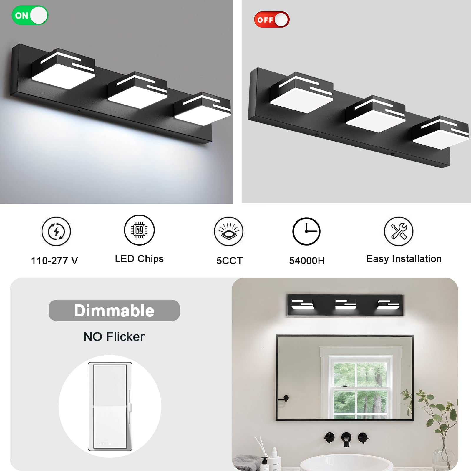 Led Modern Bathroom Vanity Light Fixtures 3-light 22-inch 5cct Dimmable Matte Black Lights For Lighting Over Mirror  With 360° Rotatable Acrylic Heads