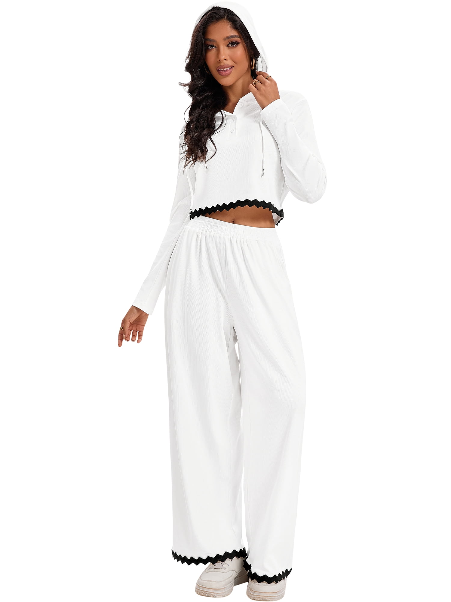 Unique Bargains Two Pieces Sets Hoodie Top Wide Leg Pants Tracksuit S White Black