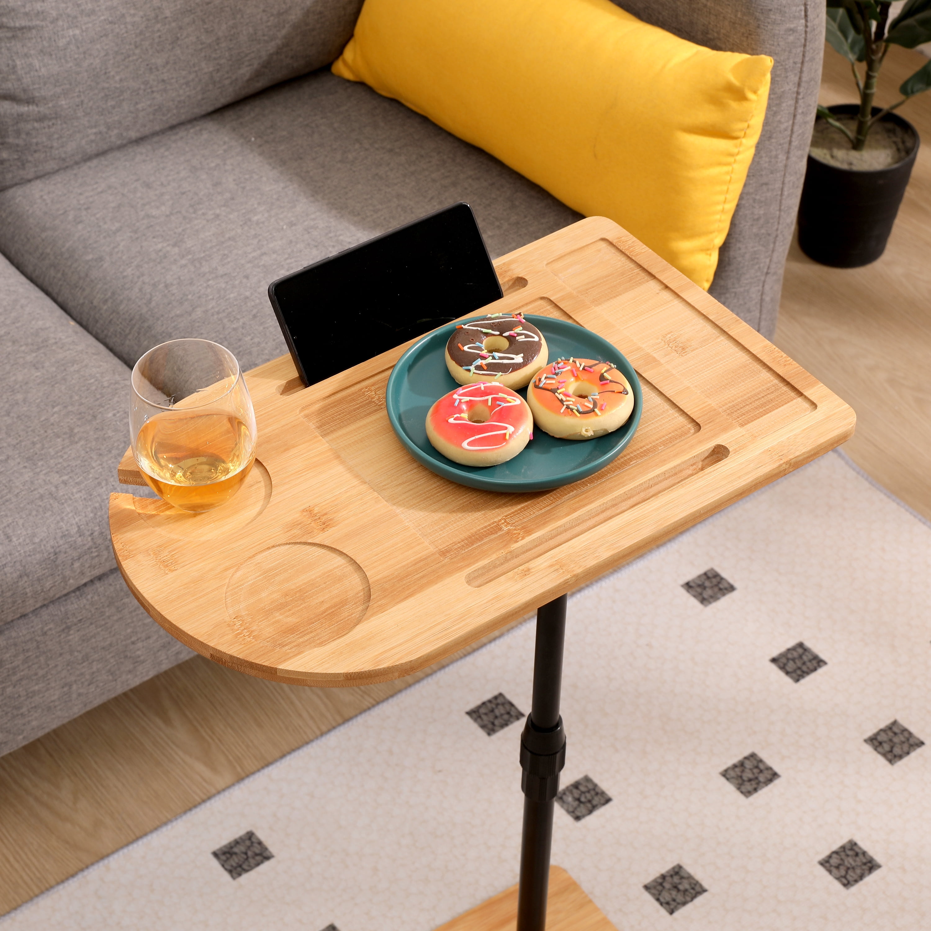 Yoneston Natural C-Shaped End Table Rotating Adjustable Height Couch Tray Table Bedside Table with Wine Slots & Phone Holder for Bed Sofa Bathtub, Oval