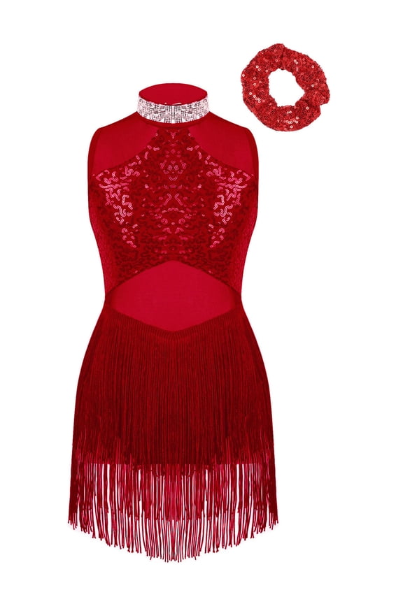 Girls Sequins Tassel Leotard for Ballet Jazz Latin Ballroom Tango Dance Performance Costume Burgundy 16