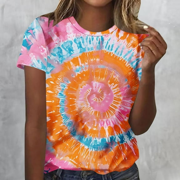 Itsame Short Sleeved Shirt Summer Womens Printed T-Shirt Casual Tops Fashionable Round Neck Blouses Orange Size L