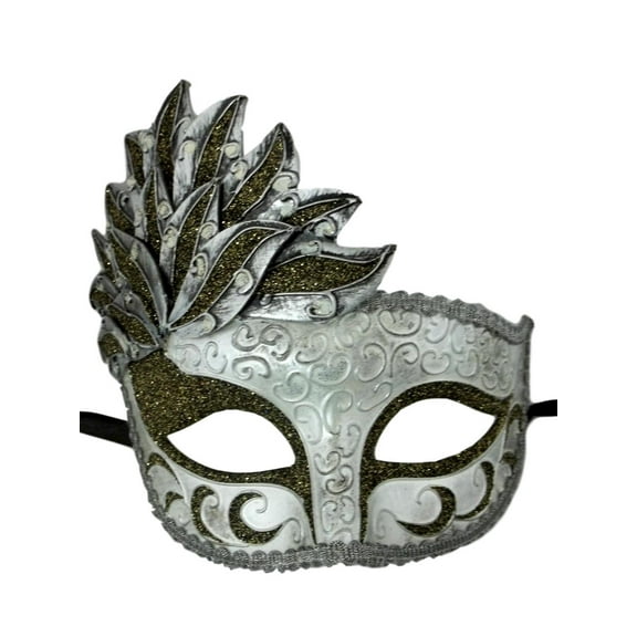 Black Silver Venetian Mask Masquerade Mardi Gras Party Leaf Cascade