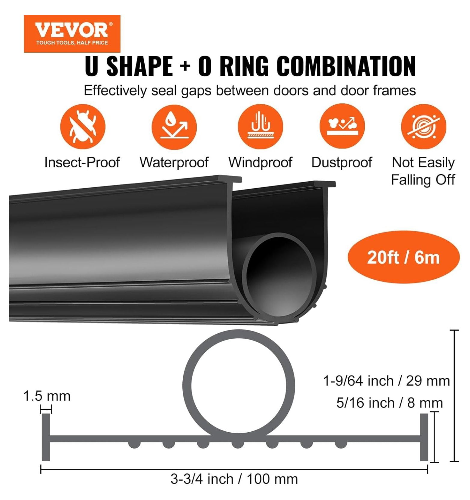Garage Door Seals Bottom Rubber, U Shape +O Ring Garage Door Weather Stripping, Universal Weatherproof Threshold Buffering Sealing Rubber, 5/16 inch T-Ends and 3 3/4 inch Width (20 Ft, Black)