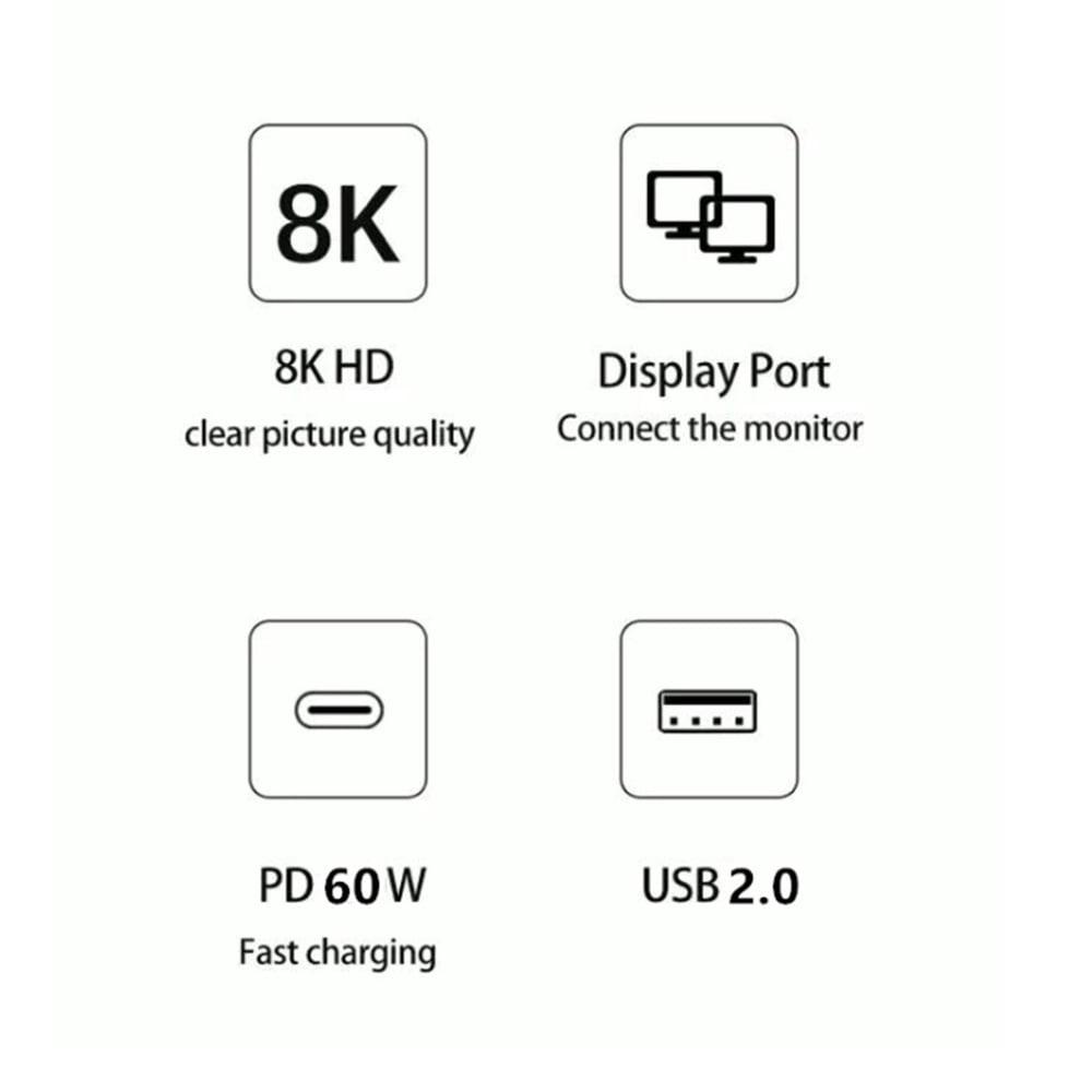 USB C to Displayport 1.4 Dock 8K 3-in-1 Type C to Displayport 1.4 Cable with PD Charging USB