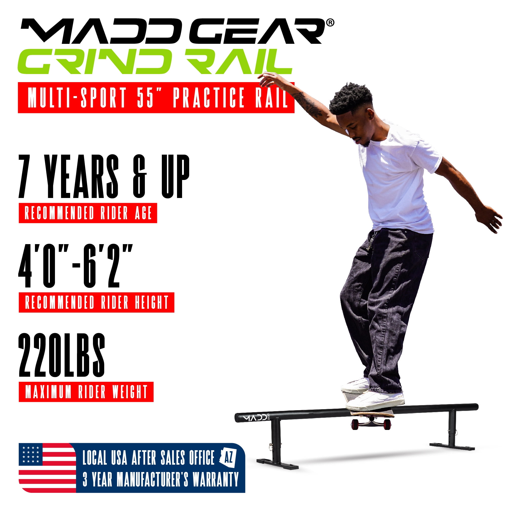 Grind Rail for Scooters, Skateboards, Inline Skates – 55" Round Rail with 3-Step Adjustable Height – Durable & Stable – Madd Gear