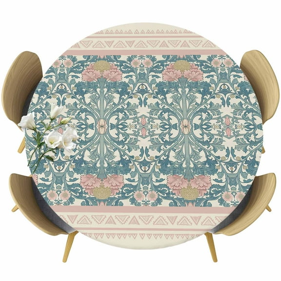 Boho Flowers Round Tablecloth 36-44 Inch Round Fitted Table Cloth with Elastic Edge, Retro Geometric Floral Plant Watercolor Waterproof Table Cover Protector for Outdoor Picnic Party Dining