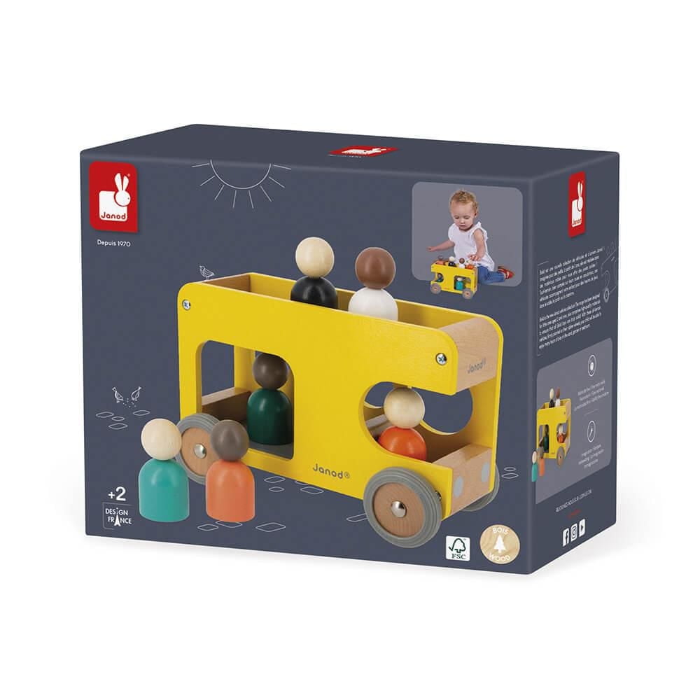 Janod - Bolid Solid Wood School Bus - Silent Wheels - Imagination and Fine Motor Skills - Water-Based Paints - 2 Years + - Yellow - 346355.