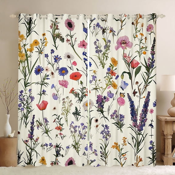 Feelyou Cartoon Groovy Flower Black Out Curtains, Green Leaf Botanical Curtains Pack of 2 (42x63 Each), Rustic Lavender Floral Bedroom Curtains, Blackout Curtains Bedroom Decor