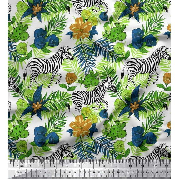 Soimoi Green Poly Georgette Fabric Tropical Leaves & Wild Animal Printed Fabric 1 Yard 42 Inch Wide