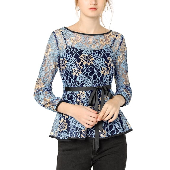 Allegra K Women's Elegant Long Sleeve Tank Top Lace Peplum Blouses