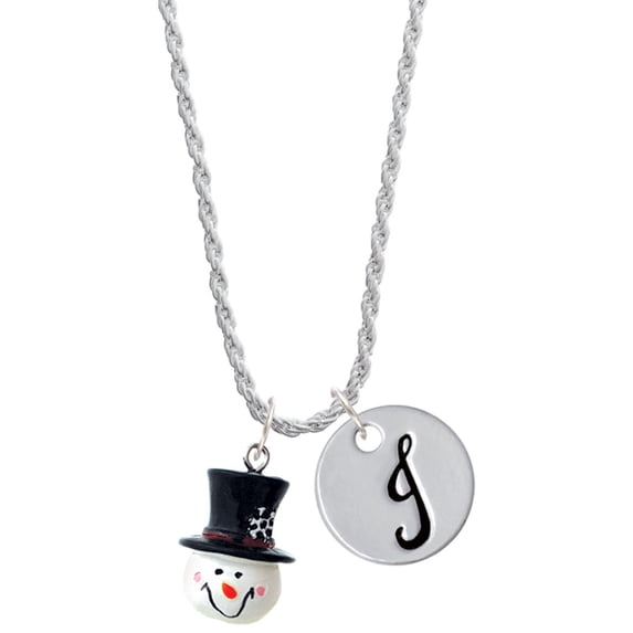 Delight Jewelry Resin Snowman Head with Top Hat Silvertone Script Initial Disc - J - Charm Necklace, 20"+3"