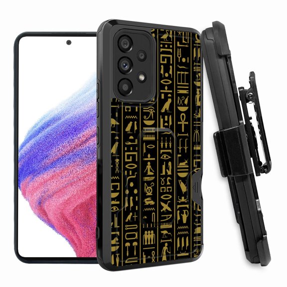 ANJ Rugged Shockproof Hoster Case w/Card Slot, Kickstand Tempered Glass Cover for Samsung Galaxy A33 5G - Egyptian Writing