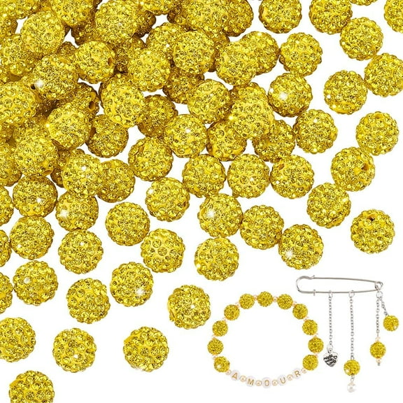 100pcs 10mm Rhinestones Beads Yellow Pave Disco Ball Clay Beads Polymer Clay Rhinestone Beads Round Crystal Beads for Pen Bracelet Necklace Earring Jewelry Making Christmas Decor