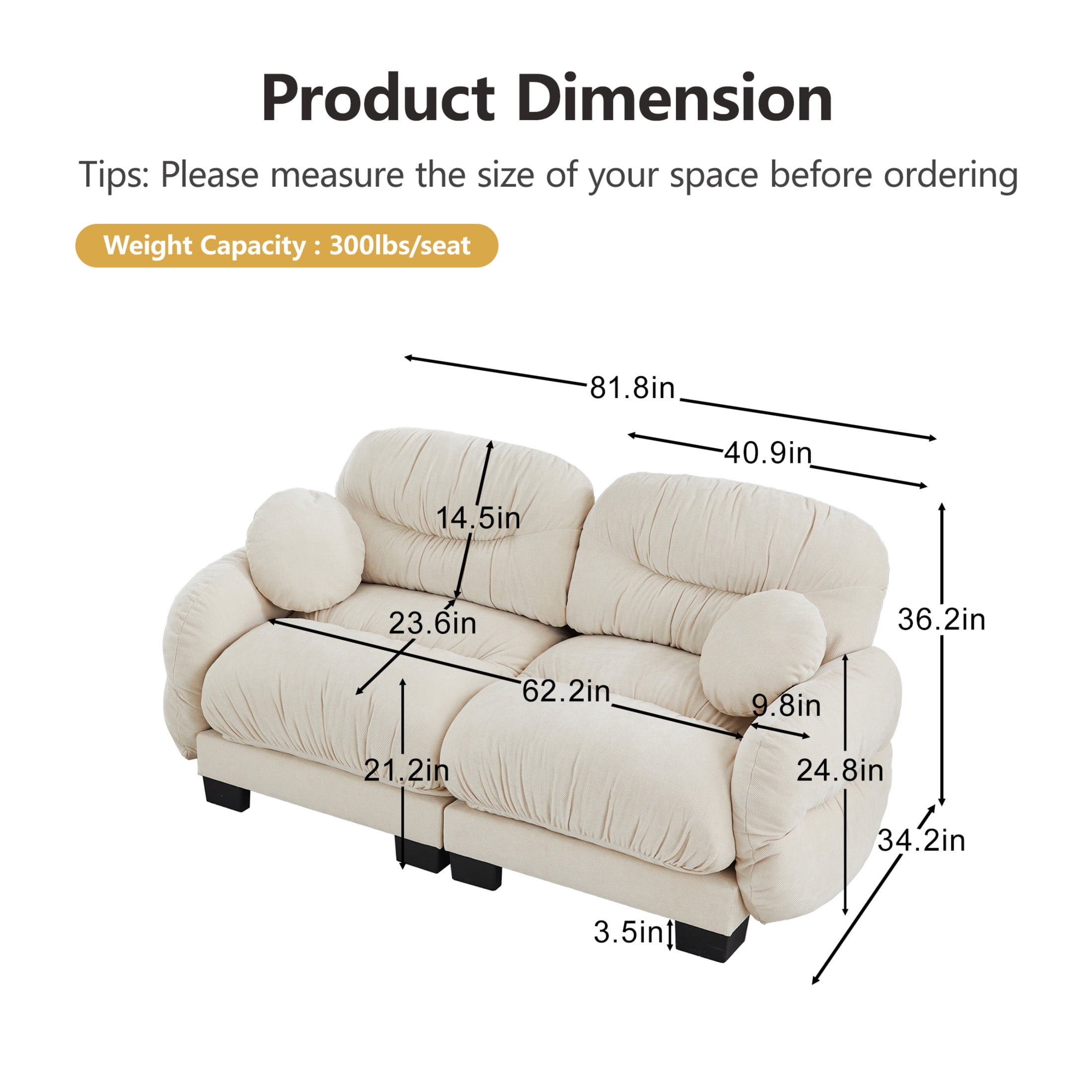 Noble House Corlan Pleated Chenille 2-Seater Sectional Sofa, Modular Deep Seat Couch with Throw Pillows, Beige