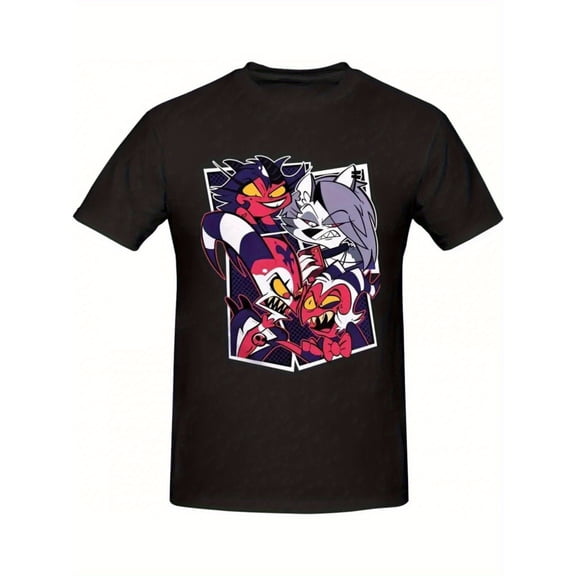 1pc Men'S Helluva Anime Graphic T-Shirt | Black Breathable Short Sleeve Casual Tee with Helluva & Devil Character Art, Round Neck Regular Fit for Casual Attire, Anime Conventions & Gifts