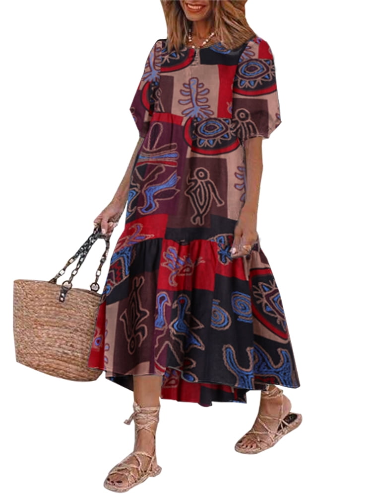VONDA Casual Women's Short Sleeve Crew Neck Print Midi Dress Summer