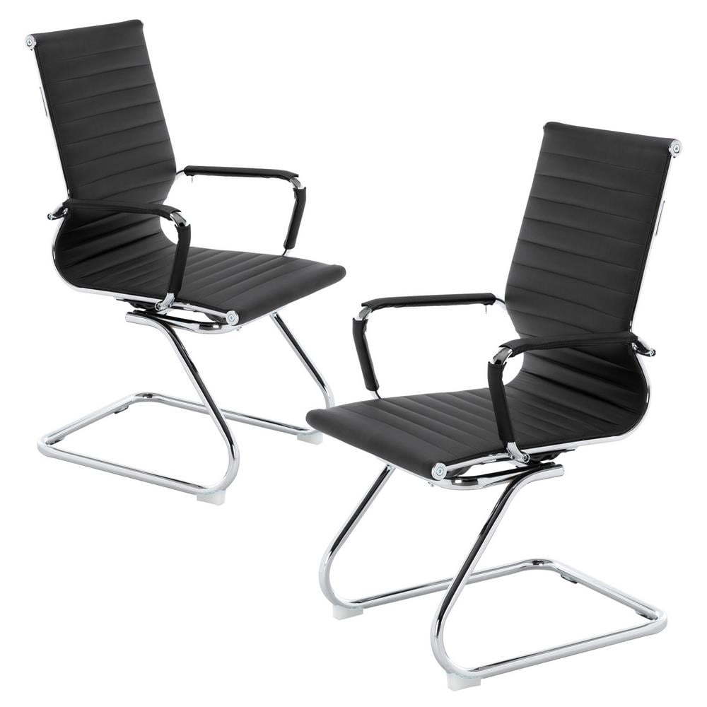 Ribbed Leather Office Chair with Arms Mid Back Reception Conference Guest Chairs White Sled Base Set of 2