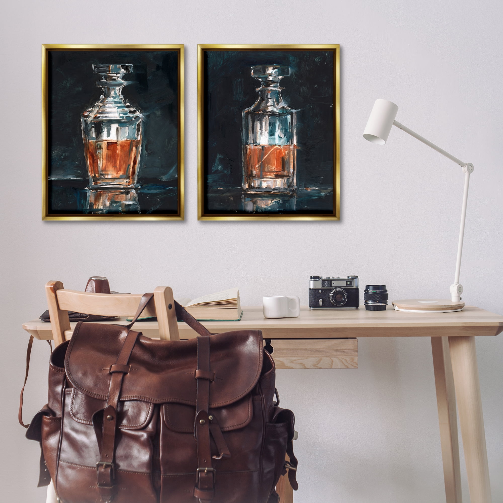 Stupell Industries Abstract Whiskey Decanters Food & Beverage Painting Gold Floater Framed Canvas Art Print Wall Art, 31 x 25, Set of 2