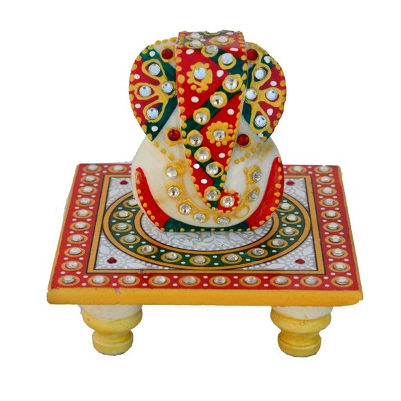 Idole Fait Main Lord Ganesha sur Marbre Clouté Kundan Chowki Rouge, Vert & Blanc