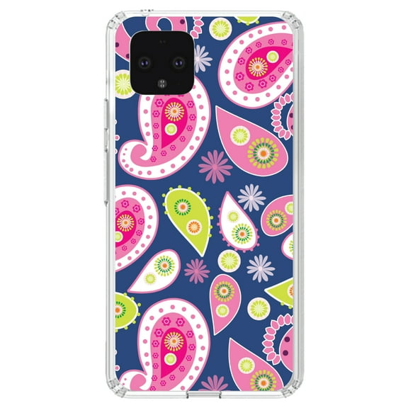 DistinctInk Clear Shockproof Hybrid Case for Google Pixel 4 (5.7" Screen) - TPU Bumper, Acrylic Back, Tempered Glass Screen Protector - Pink Green Navy Paisley