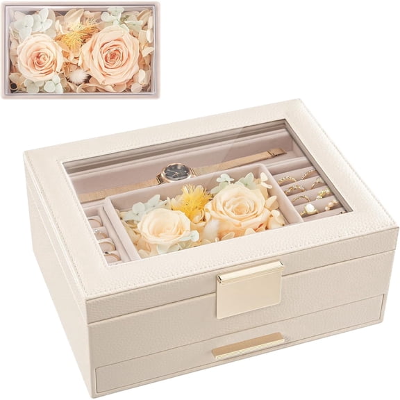 Lolalet Jewelry Organizer with Glass Lid, 2-Layer Jewelry Box Case with Drawer, Gift for Women Mom Wife Earrings Watch Ring Display Storage -Beige