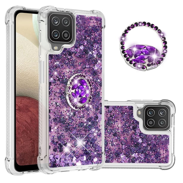 Funda para Samsung Galaxy A12 con Brillo Líquido Flotante, Purpurina, Parachoques y Anillo Giratorio Soporte