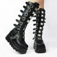 thumbnail image 2 of Women Platform Knee High Goth Boots Round Toe Zipper Back Combat Booties Shoes PU Leather Punk Buckle Motorcycle Boot, 2 of 7