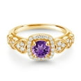 thumbnail image 2 of Gem Stone King 18K Yellow Gold Plated Silver Purple Amethyst and White Moissanite Engagement Ring for Women (1.38 Cttw, Round 6MM, Gemstone February Birthstone, Size 8), 2 of 3