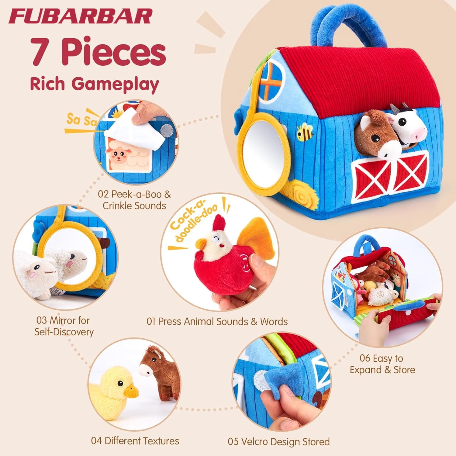 FUBARBAR Plush Farm Animal Barn Toy Set with Real Sounds, Sensory Montessori Toys for Babies & Toddlers 6-12 Months (5-Piece Set)