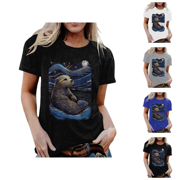 Cute Otter Starry Night Graphic Tees for Women 2026 Summer Casual Short Sleeve Crewneck Aesthetic T Shirts