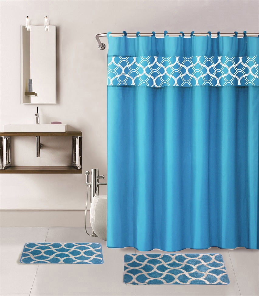 15 Piece Lilian Embroidery Banded Shower Curtain Bath Set Navy Blue