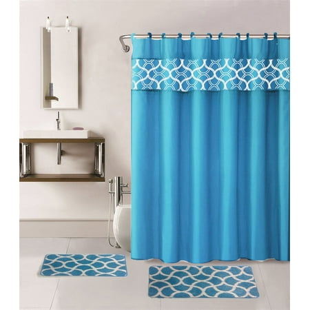 15-PC Geometric Turquoise HIGH QUALITY Jacquard Bathroom Bath Mat Set, Washable Anti Slip Large Rug 18"x30", Small Rug 18"x24" with Non-Skid Rubber Back, Shower Curtain and 12 Round Shower Hooks