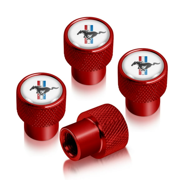 iPick Image for Ford Mustang Tri-Bar Logo in White on Red Aluminum Tire Valve Stem Caps, Official Licensed