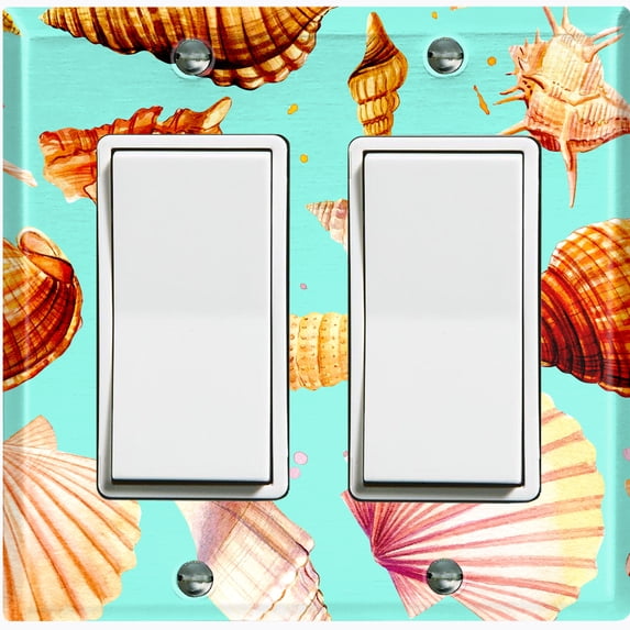 Metal Light Switch Wall Plate Outlet Cover (Colorful Sea Shells Pattern Teal - Double Rocker)