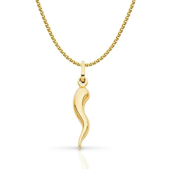 14K Yellow Gold Cornicello Italian Horn Fortune Charm Pendant with 1.2mm Flat Open Wheat Chain Necklace - 22"