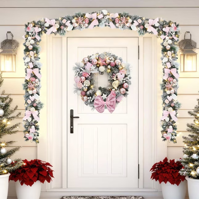 Guvpev 6FT Christmas Garland with Lights Holiday Accent Door Garland with Pink Bows Colorful Balls for Indoor Outdoor Gatherings Parties