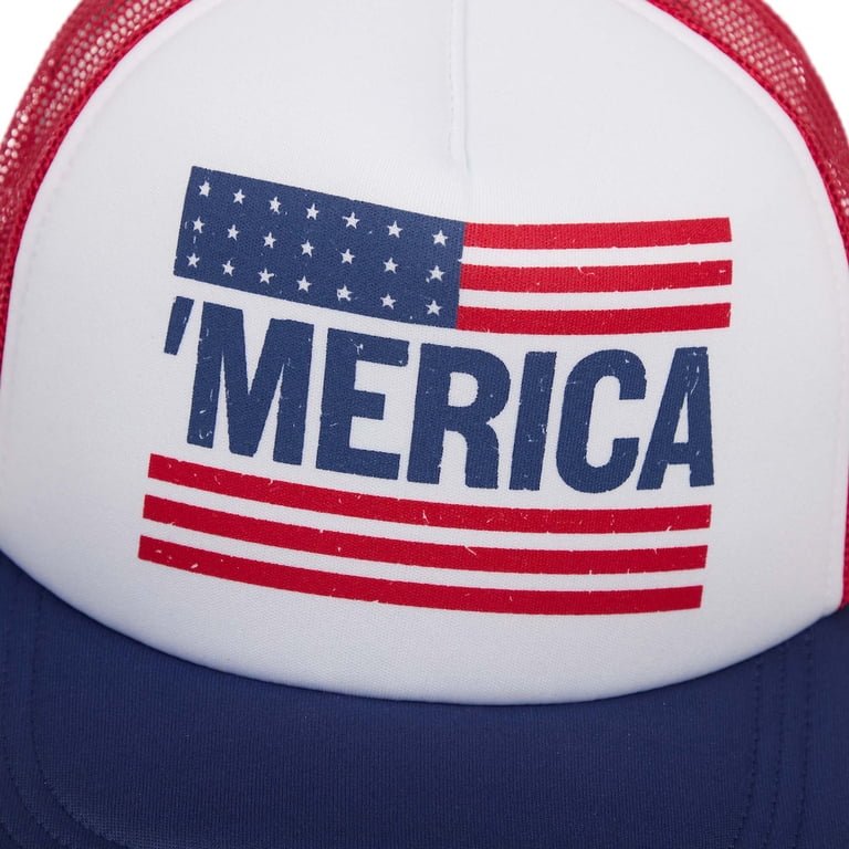 Merica Trucker Hat USA Flag Flat Bill Snapback Cap Patriotic 4th of July White Unittype 6 Pcs 4th of July USA American Flag Baseball Hats  main image 4
