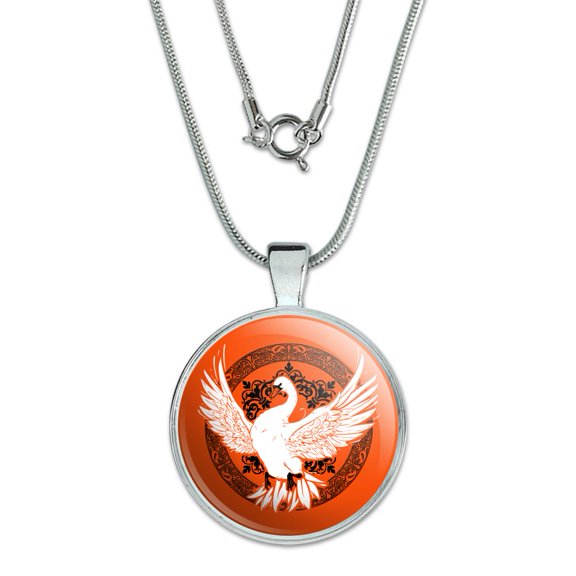 Swan on Fancy Floral Circle 1" Pendant with Sterling Silver Plated Chain