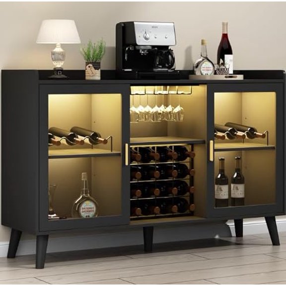 Armario de Bar de vinos con luz LED, gabinete de café para el hogar con Estante para Vino y Soporte para Vidrio, aparador de Cocina con Estante de Almacenamiento, gabinete de Licor