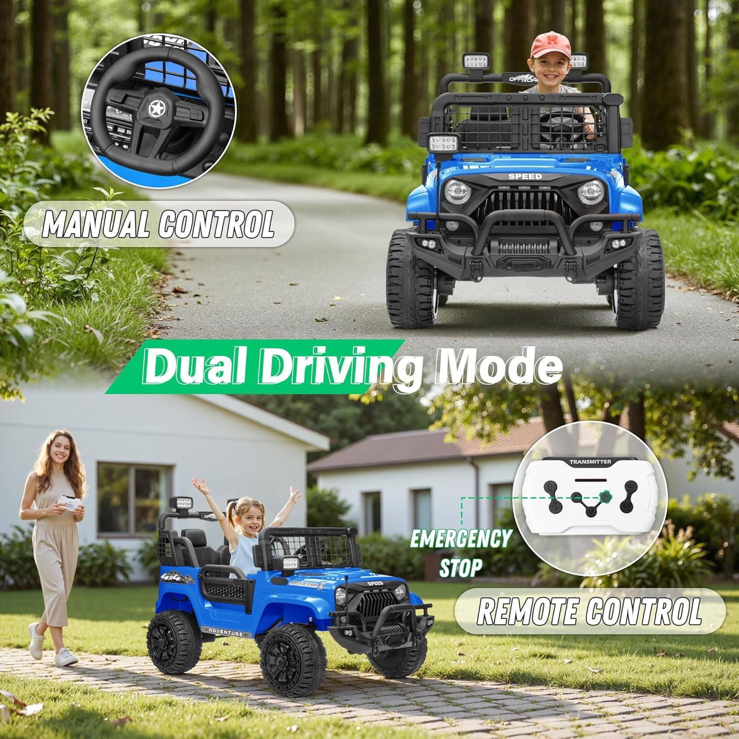 HappyToysWorld Kids Ride On Car 24V with Parent Remote Control, 2-Seater Electric Toy Truck for Big Boys & Girls, 4 Shock Absorbers, 3 Speed Modes, 24 Volt Battery Powered Vehicle