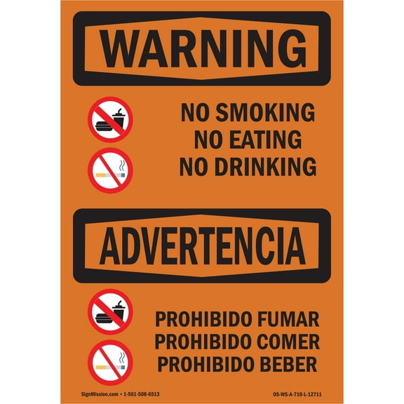 OSHA WARNING Sign - No Smoking Eating Drinking Bilingual 10" X 7" Rigid Plastic Sign Protect Your Business, Work Site, Warehouse & Shop Area
