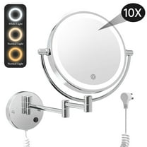 Funtouch 8" Round Alloy Steel Wall Mounted Bathroom Makeup Mirror w/ Plug-in AC Cord, Double Sided, Lighted 1X/10X Magnification, Silver