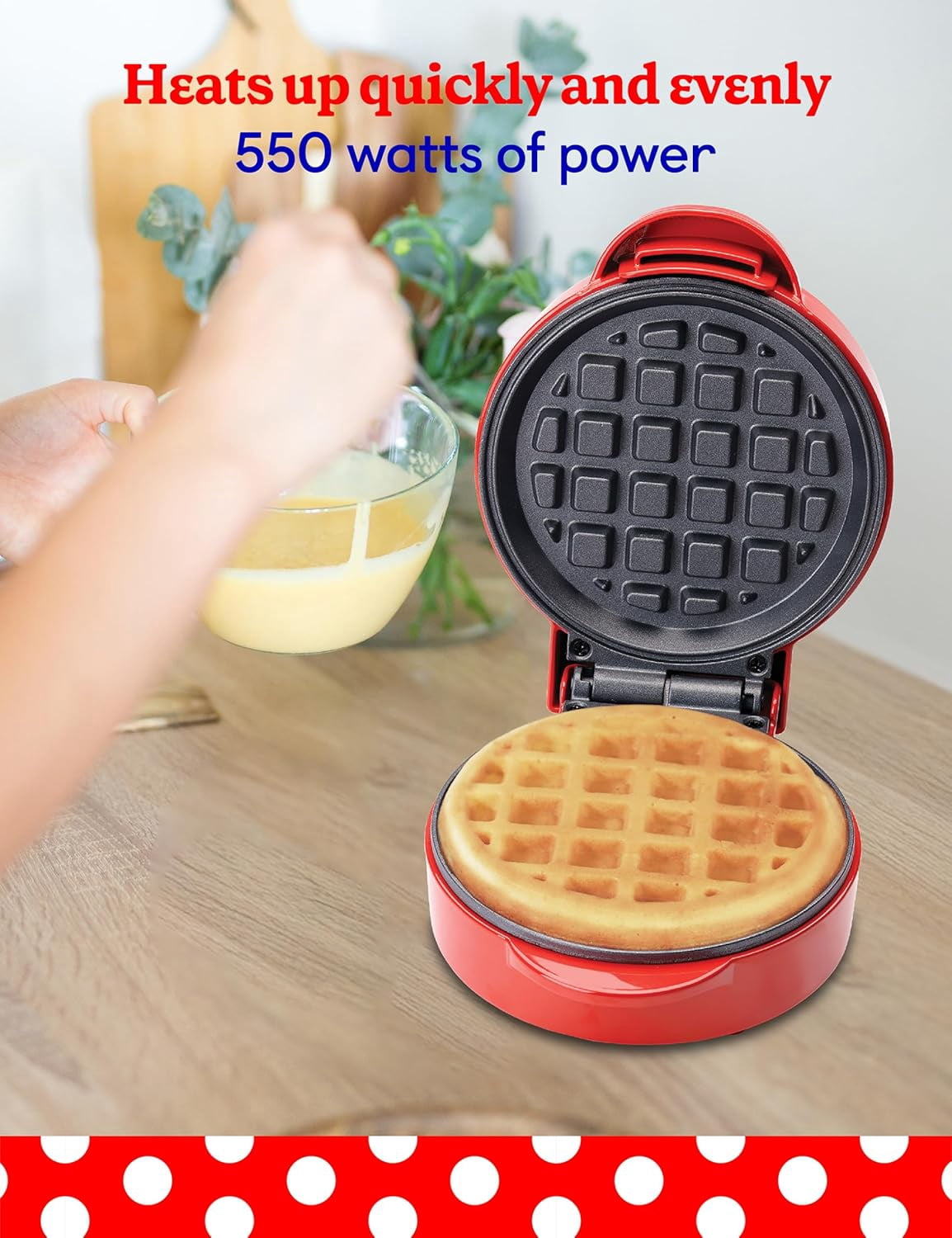 Betty Crocker Mini Waffle Maker, 550W Compact Kitchen Appliance, Quick & Even Heat for Home and Kitchen, Makes 4.5" Waffle, 4.9" Non-Stick Plates, Recipes Included, BC-4888R, Red