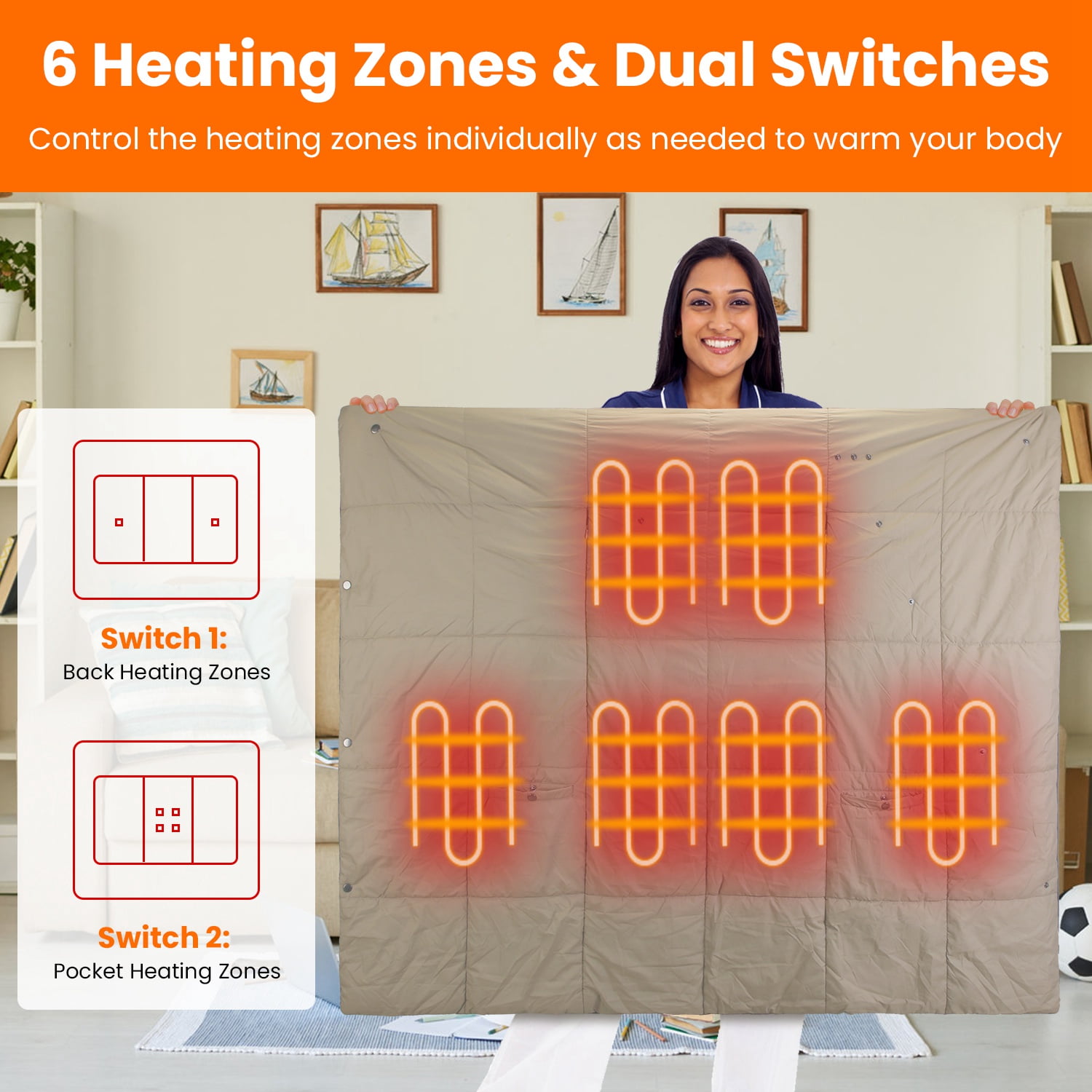 Portable USB Heated Blanket, 53"x 43" Dual Switch Cordless Heated Poncho Shawl Throw Blanket with 6 Zones 3 Heating Levels for Indoor Outdoor (M, Grey)