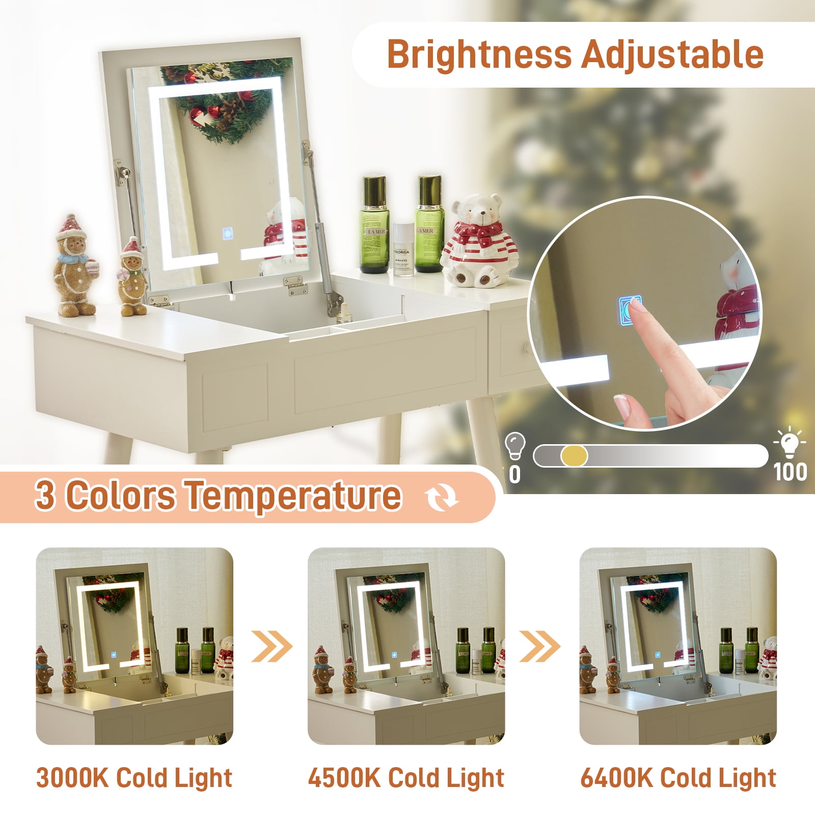 Ktaxon Lighted Makeup Vanity Table Set,Flip-top Mirror Dressing Table with LED Light, Writing Desk with Drawer and Stool, White